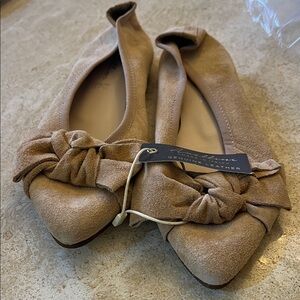 Beige Suede Flats with Bow by Unknown Brand
